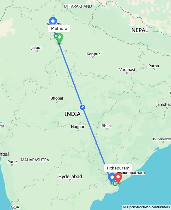 Route map showing distance and travel time from Mathura, India to Pithapuram, India