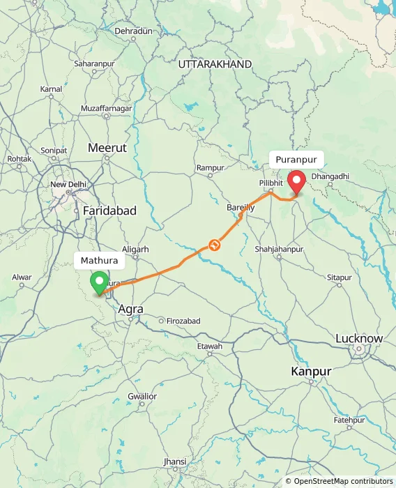 Route map showing distance and travel time from Mathura, India to Puranpur, India