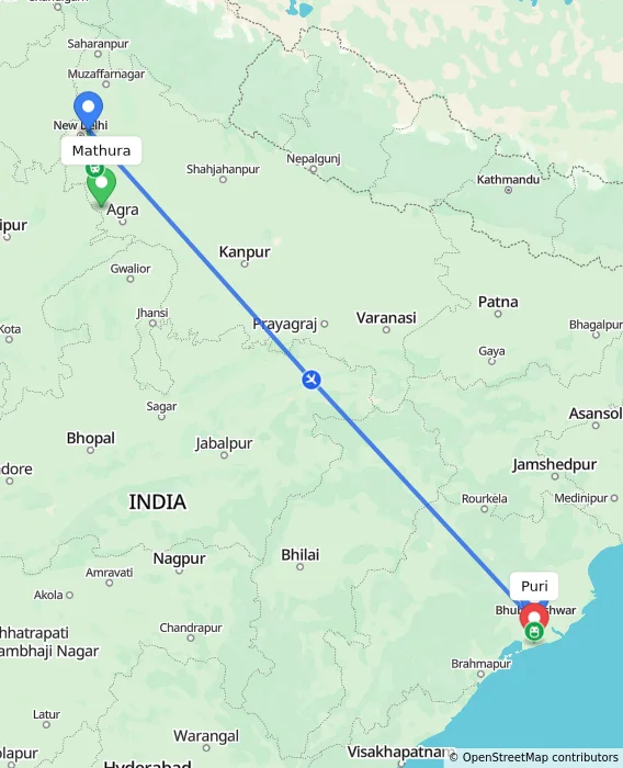Route map showing distance and travel time from Mathura, India to Puri, India
