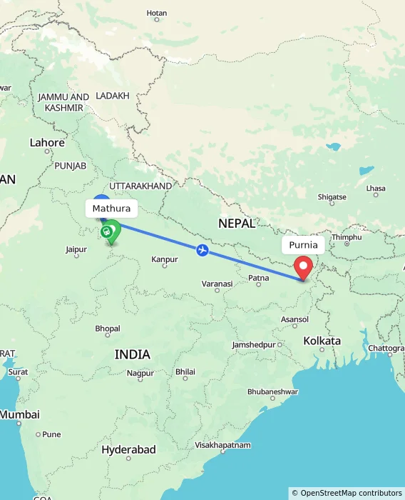 Route map showing distance and travel time from Mathura, India to Purnia, India