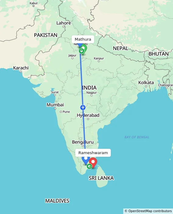 Route map showing distance and travel time from Mathura, India to Rameshwaram, India
