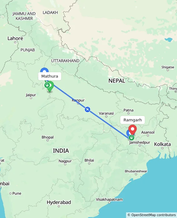 Route map showing distance and travel time from Mathura, India to Ramgarh, India