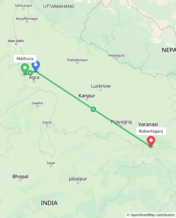 Route map showing distance and travel time from Mathura, India to Robertsganj, India