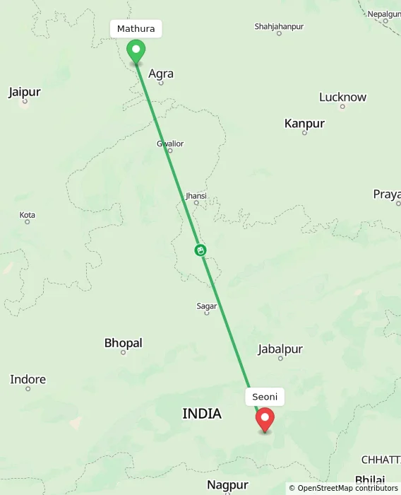 Route map showing distance and travel time from Mathura, India to Seoni, India