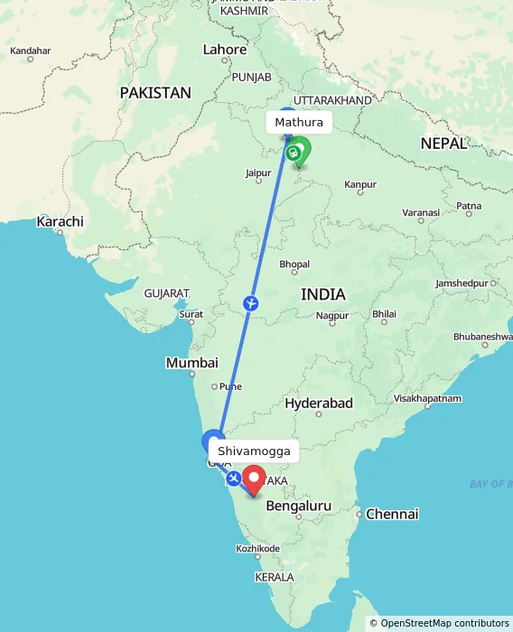 Route map showing distance and travel time from Mathura, India to Shivamogga, India