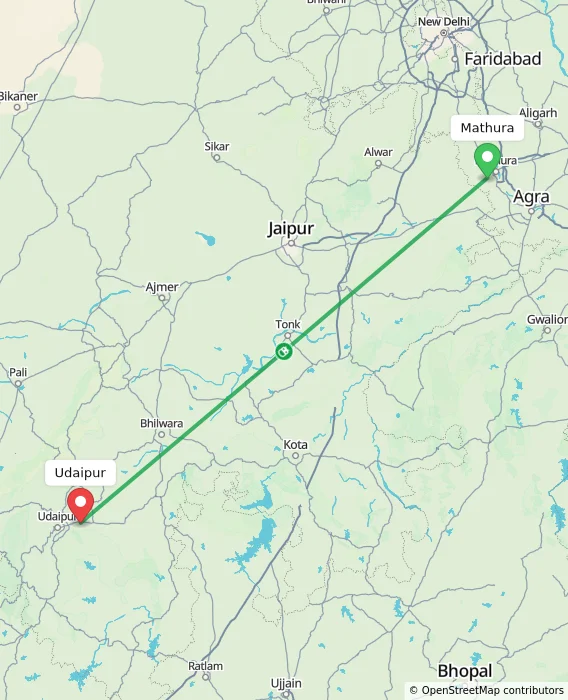Route map showing distance and travel time from Mathura, India to Udaipur, India