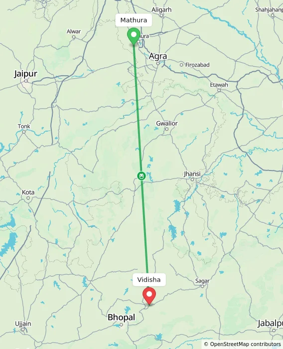 Route map showing distance and travel time from Mathura, India to Vidisha, India