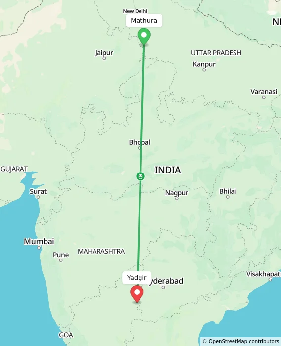 Route map showing distance and travel time from Mathura, India to Yadgir, India