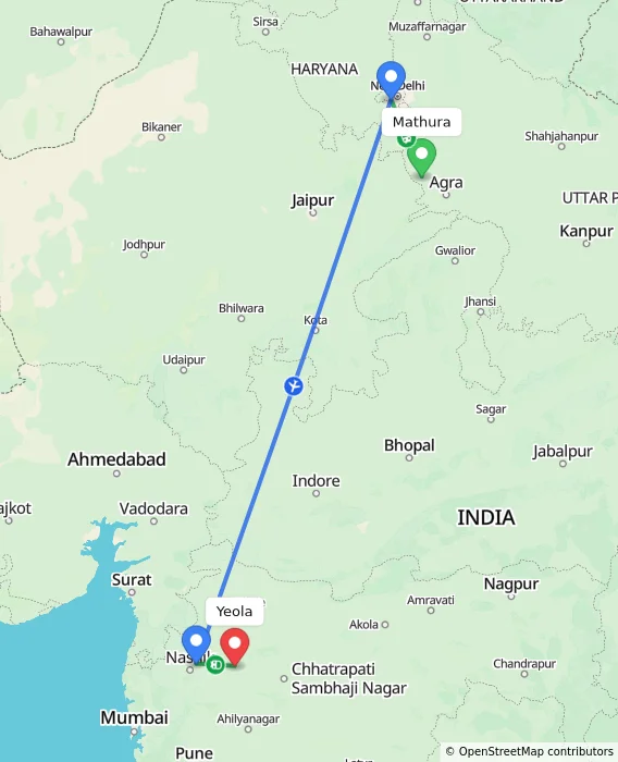 Route map showing distance and travel time from Mathura, India to Yeola, India