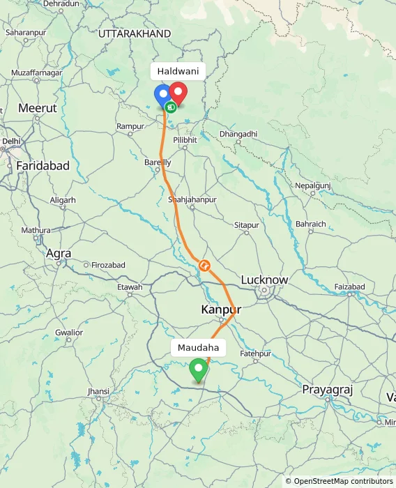 Route map showing distance and travel time from Maudaha, India to Haldwani, India