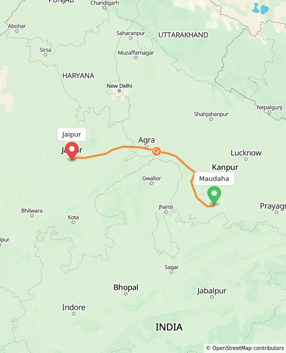 Route map showing distance and travel time from Maudaha, India to Jaipur, India