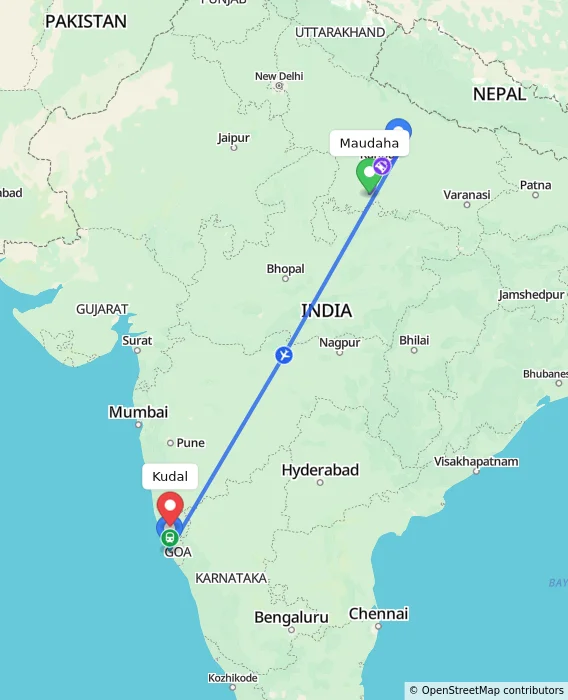 Route map showing distance and travel time from Maudaha, India to Kudal, India