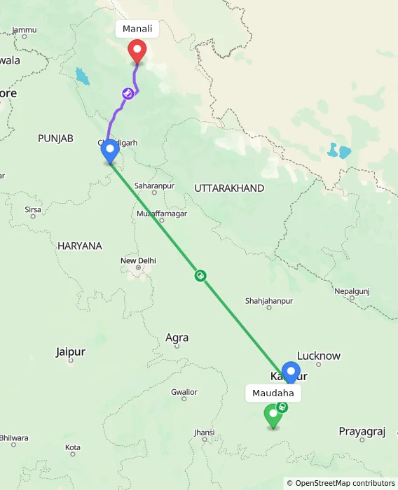 Route map showing distance and travel time from Maudaha, India to Manali, India
