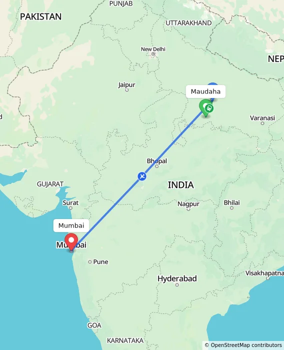 Route map showing distance and travel time from Maudaha, India to Mumbai, India