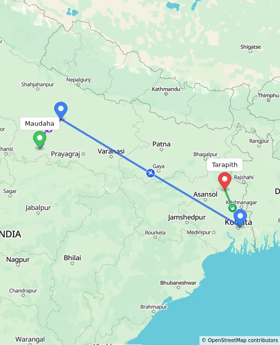 Route map showing distance and travel time from Maudaha, India to Tarapith, India