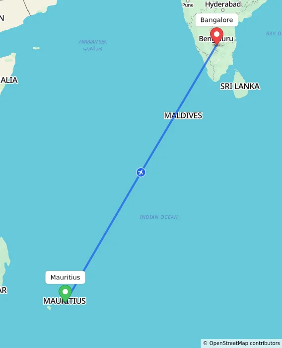 Route map showing distance and travel time from Mauritius, Mauritius to Bangalore, India