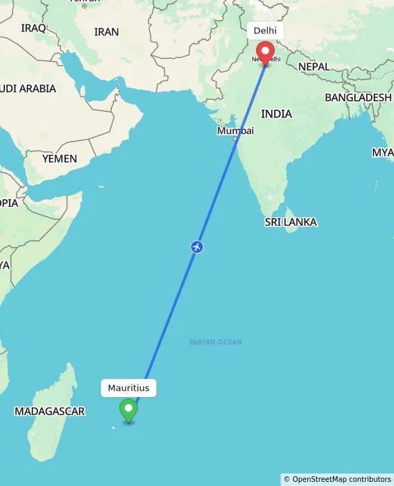 Route map showing distance and travel time from Mauritius, Mauritius to Delhi, India