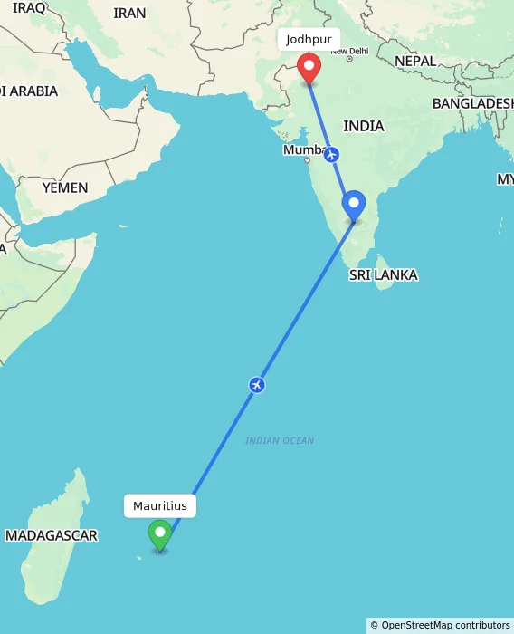 Route map showing distance and travel time from Mauritius, Mauritius to Jodhpur, India