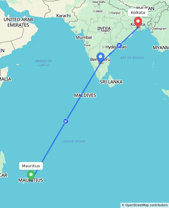 Route map showing distance and travel time from Mauritius, Mauritius to Kolkata, India