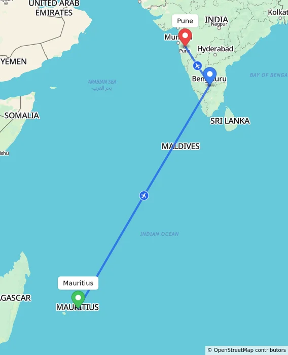 Route map showing distance and travel time from Mauritius, Mauritius to Pune, India