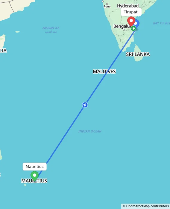 Route map showing distance and travel time from Mauritius, Mauritius to Tirupati, India