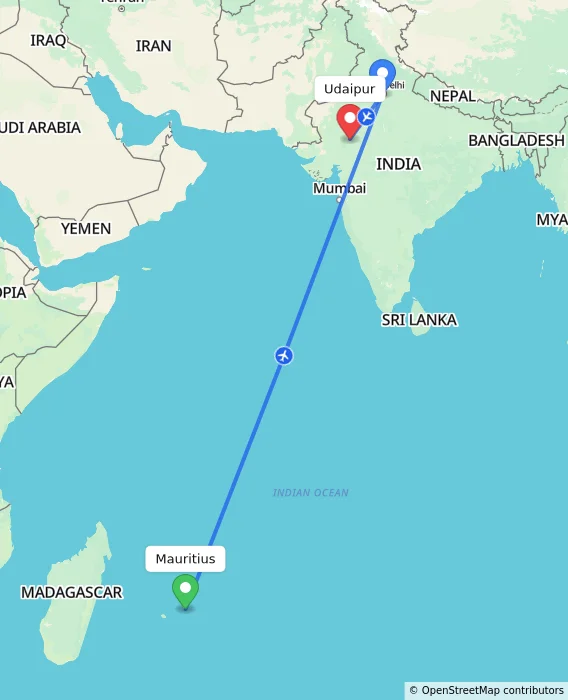 Route map showing distance and travel time from Mauritius, Mauritius to Udaipur, India