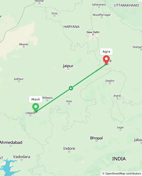 Route map showing distance and travel time from Mavli, India to Agra, India