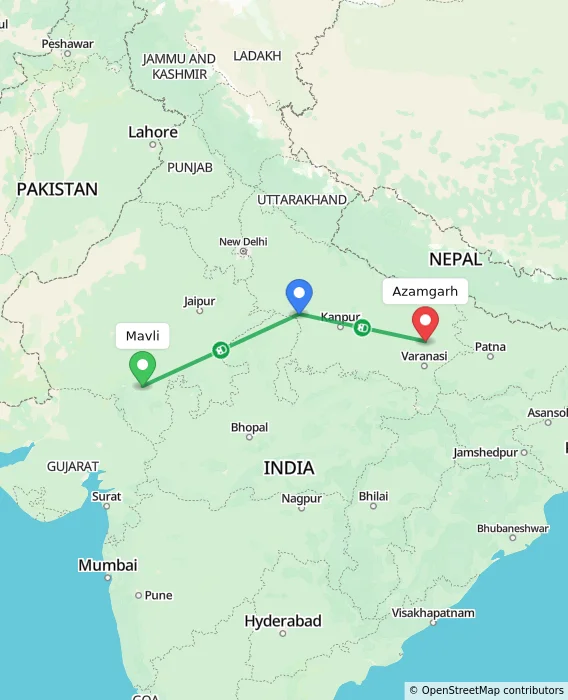 Route map showing distance and travel time from Mavli, India to Azamgarh, India