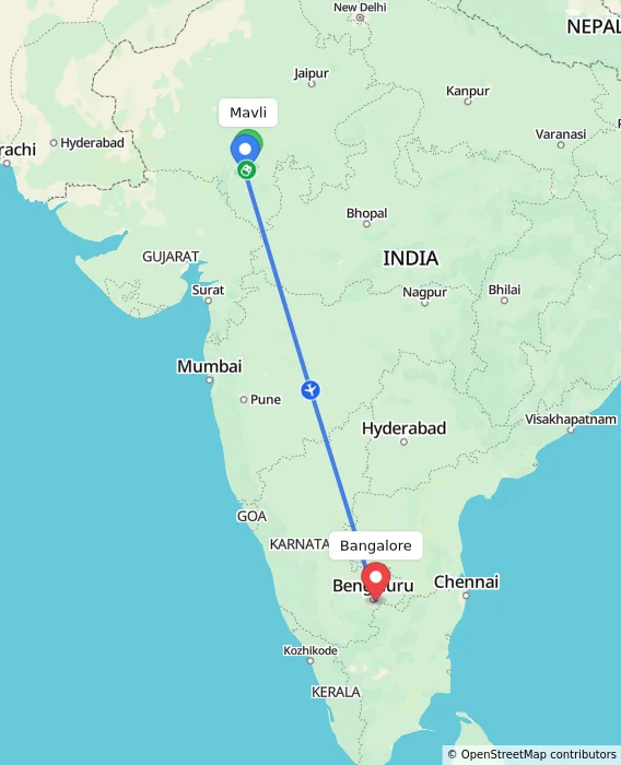 Route map showing distance and travel time from Mavli, India to Bangalore, India