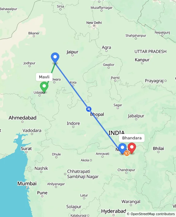 Route map showing distance and travel time from Mavli, India to Bhandara, India
