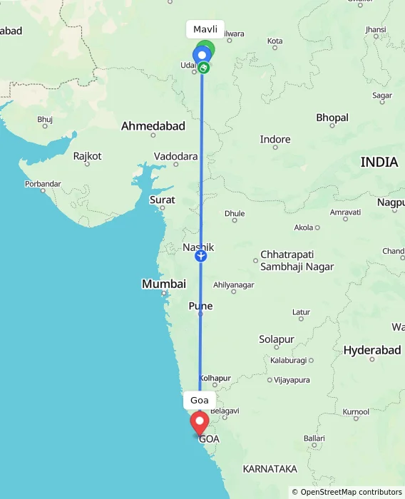 Route map showing distance and travel time from Mavli, India to Goa, India