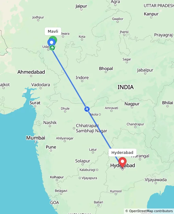 Route map showing distance and travel time from Mavli, India to Hyderabad, India