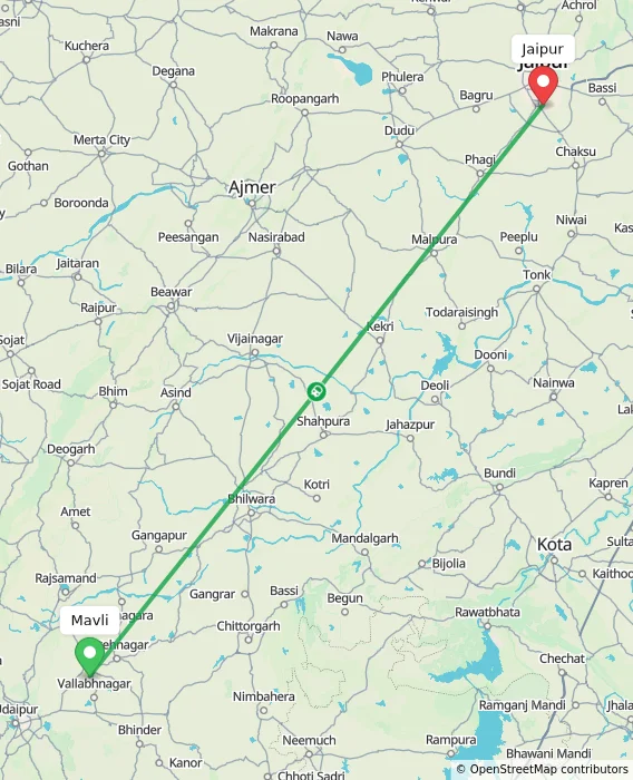 Route map showing distance and travel time from Mavli, India to Jaipur, India