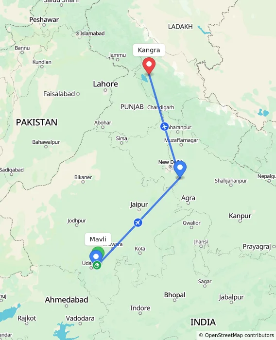 Route map showing distance and travel time from Mavli, India to Kangra, India