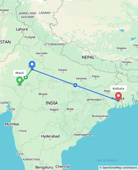 Route map showing distance and travel time from Mavli, India to Kolkata, India