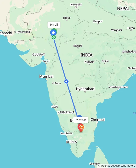 Route map showing distance and travel time from Mavli, India to Mettur, India