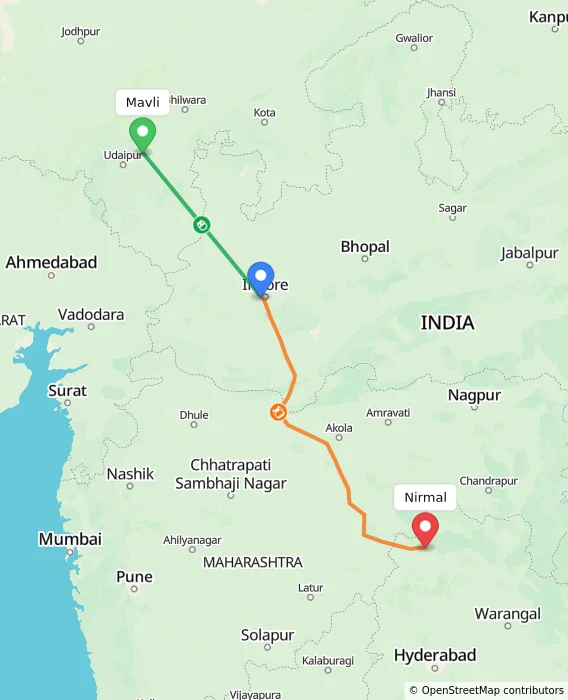 Route map showing distance and travel time from Mavli, India to Nirmal, India