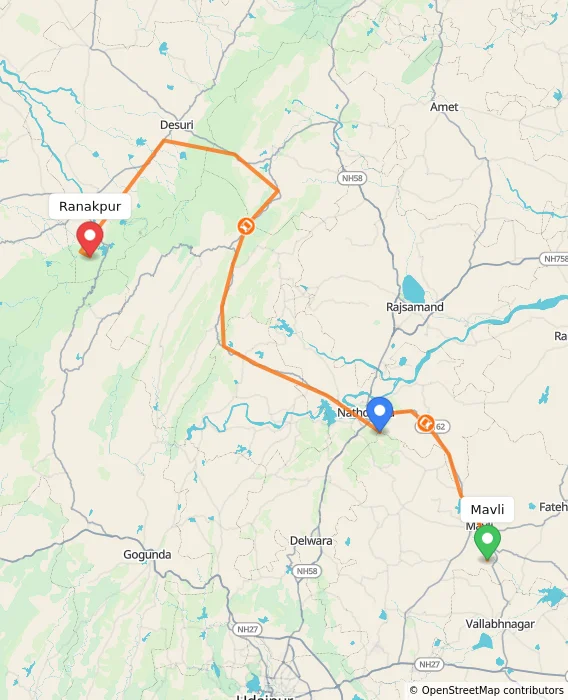 Route map showing distance and travel time from Mavli, India to Ranakpur, India