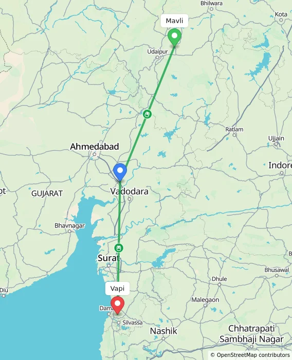 Route map showing distance and travel time from Mavli, India to Vapi, India