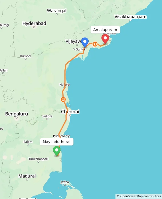 Route map showing distance and travel time from Mayiladuthurai, India to Amalapuram, India