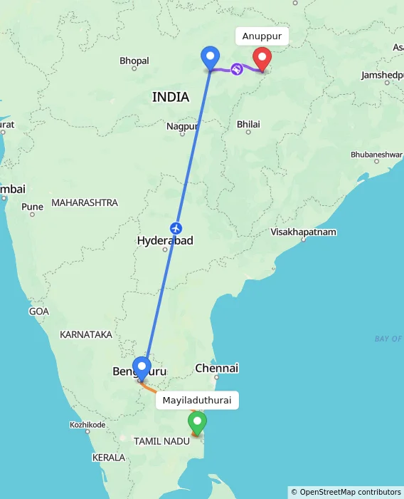 Route map showing distance and travel time from Mayiladuthurai, India to Anuppur, India