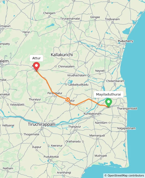 Route map showing distance and travel time from Mayiladuthurai, India to Attur, India