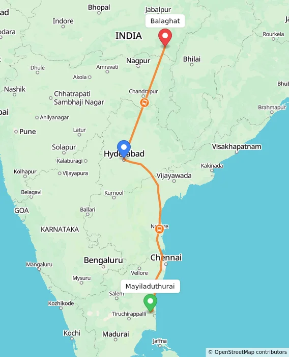 Route map showing distance and travel time from Mayiladuthurai, India to Balaghat, India