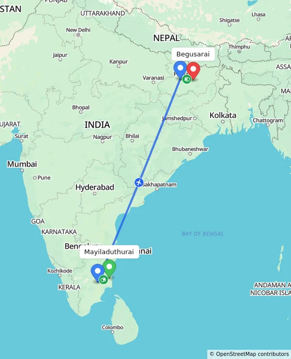 Route map showing distance and travel time from Mayiladuthurai, India to Begusarai, India