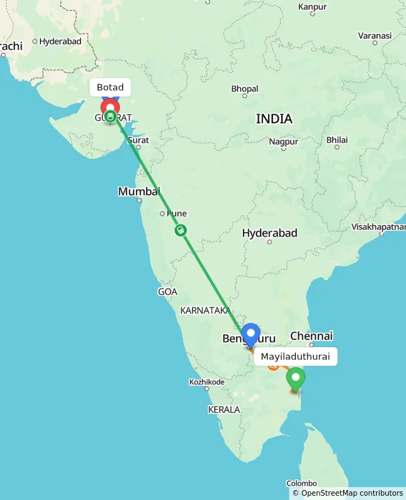 Route map showing distance and travel time from Mayiladuthurai, India to Botad, India