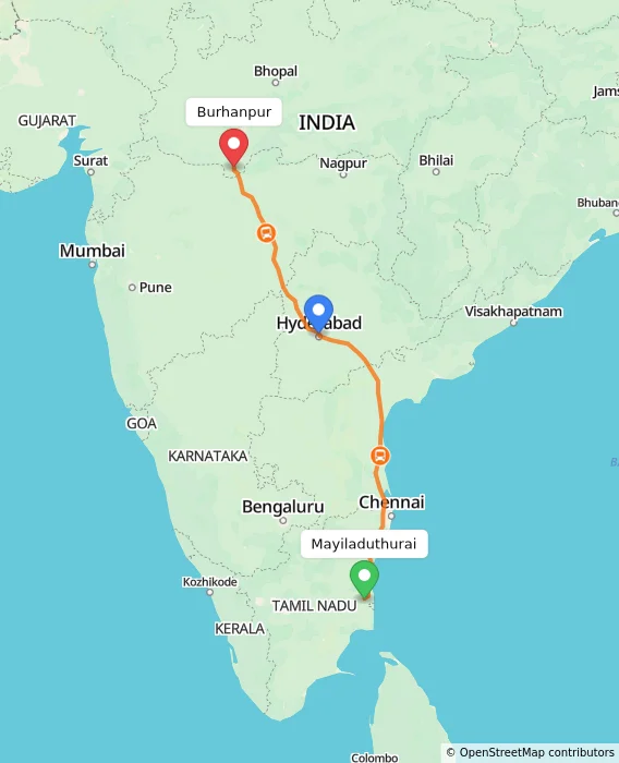Route map showing distance and travel time from Mayiladuthurai, India to Burhanpur, India