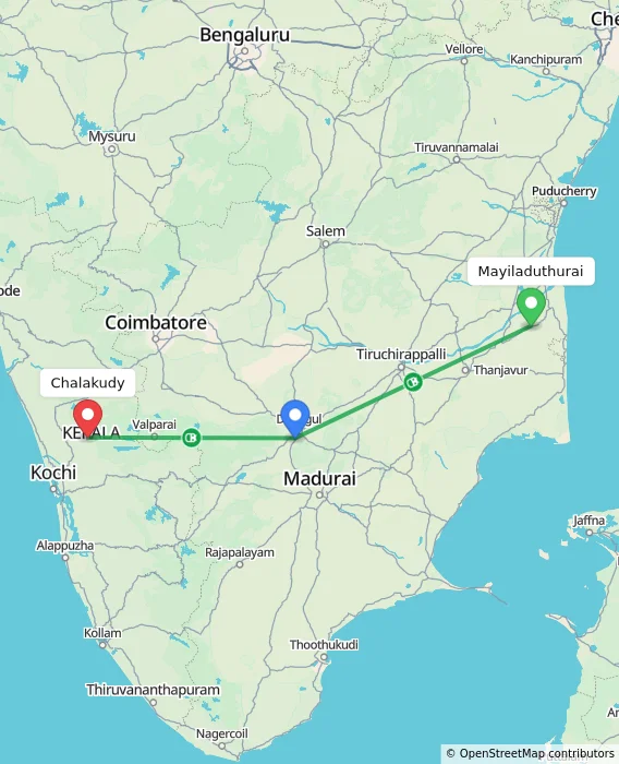 Route map showing distance and travel time from Mayiladuthurai, India to Chalakudy, India