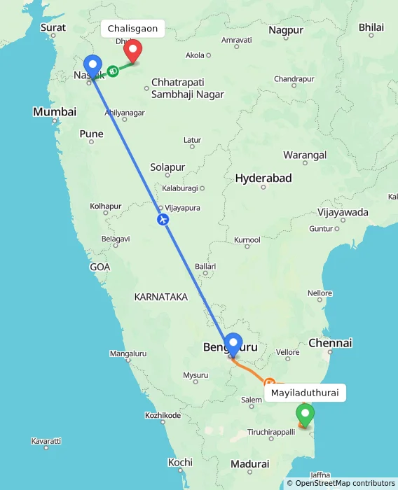 Route map showing distance and travel time from Mayiladuthurai, India to Chalisgaon, India
