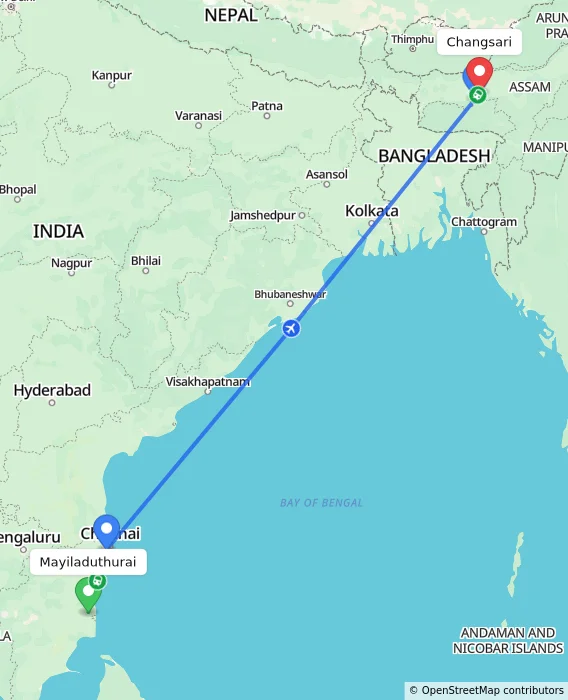 Route map showing distance and travel time from Mayiladuthurai, India to Changsari, India