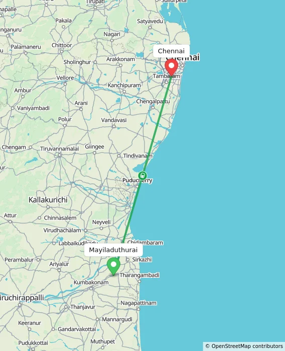 Route map showing distance and travel time from Mayiladuthurai, India to Chennai, India